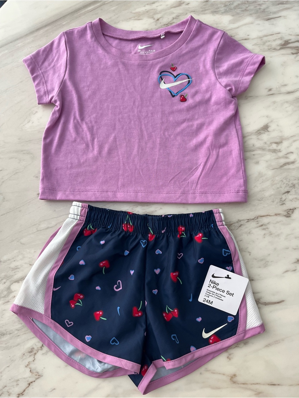 Nike Pink Crop Tee & Navy Cherry Print Shorts Matching Set